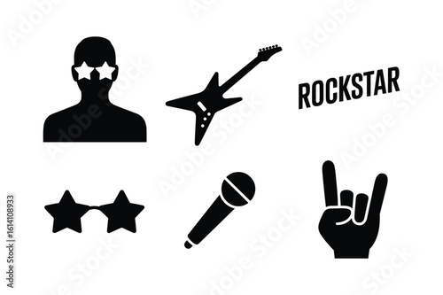 Black silhouette icons of rockstar elements including a person with star glasses a guitar a microphone star