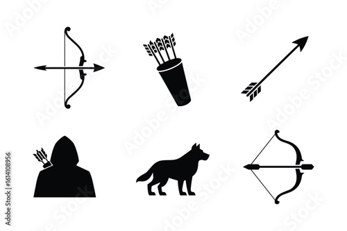 Black silhouette of archery equipment and a wolf arrow quiver