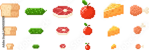 Meat, fruits and vegetables, milk and bakery food pixel art vector icons set, 8 bit video game design different sizes
