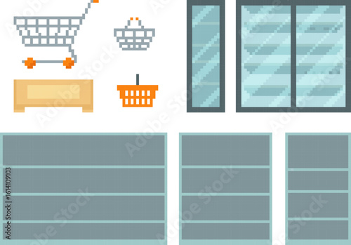 Vector set with empty cart, basket, shelf, fridge, rack, showcases, crate.