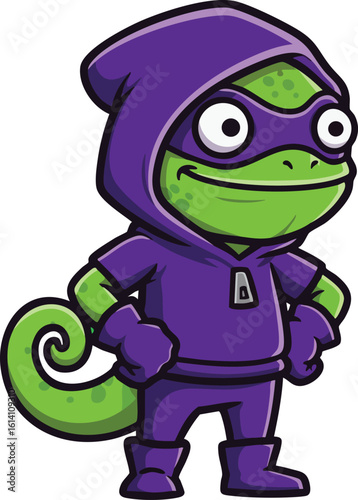 Cartoon chameleon character in purple hoodie standing confident in vector illustration design 