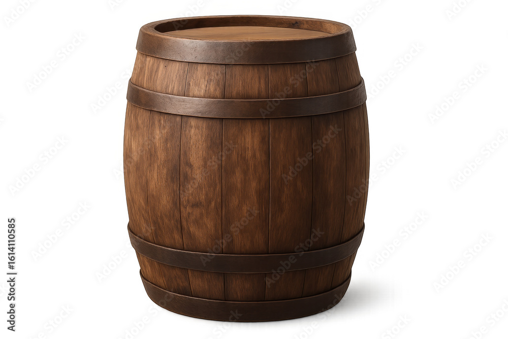 Fototapeta premium Classic wooden barrel, ideal for aging wine, whiskey, or other spirits, presented on a transparent background for easy integration into designs