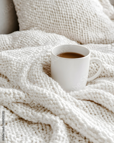 Wallpaper Mural A white mug of tea rests on a cream-colored knit blanket and pillows. Torontodigital.ca