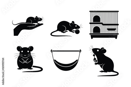 Black silhouettes of mice and pet accessories mouse rodent