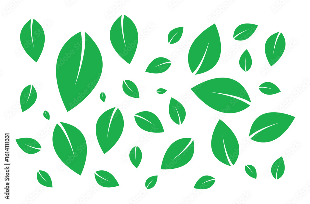 Naklejka premium Green Leaf Vector Illustration with Falling Leaf Pattern on White Background