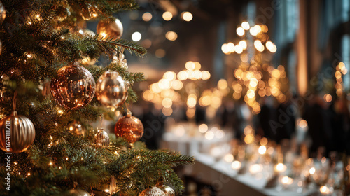Christmas tree decorated with gold ornaments and lights, creating a festive holiday atmosphere.