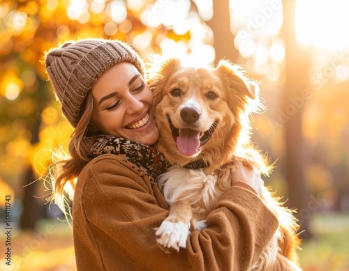 Joyful Embrace: A young woman radiates happiness as she embraces her friendly canine companion, the autumn sun painting a warm glow around them, encapsulating the bond between human and animal.