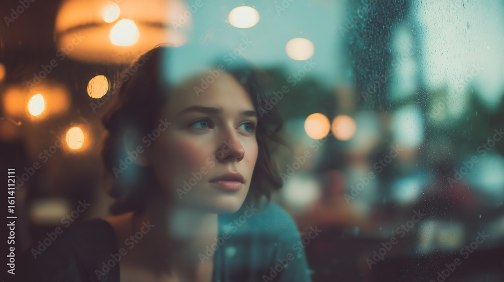 Obraz premium Melancholic Young Woman Reflected in Rainy Café Window with Bokeh Lights in Moody Atmosphere