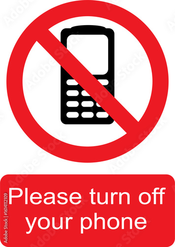 Black, white and red vector graphic of Please turn off your phone prohibited warning sign