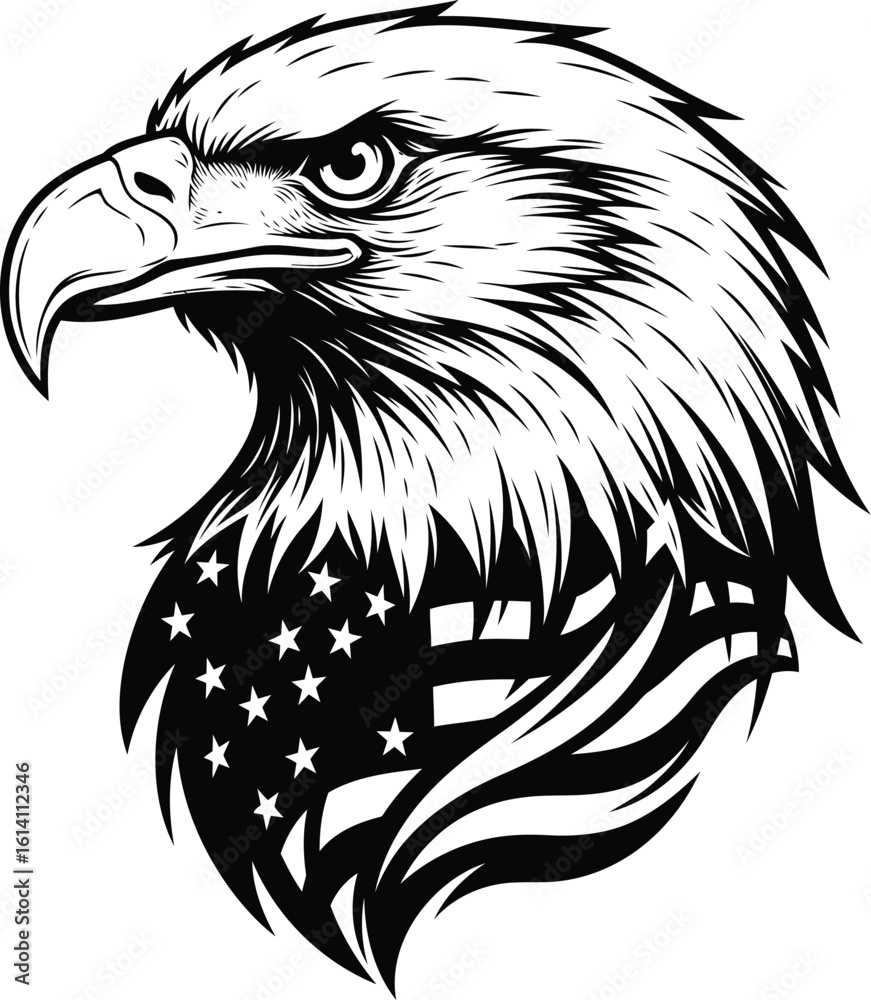 Obraz premium Bold graphic of an American bald eagle head with the US flag.