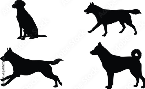 Dog silhouette vector set, running dog, sitting dog, walking pet, black outline illustration, animal shape, domestic dog graphic