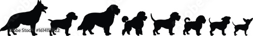 Multiple dog breed silhouettes, different size dogs, vector dog icons, black pet shapes, isolated puppy silhouettes, pet breed collection design