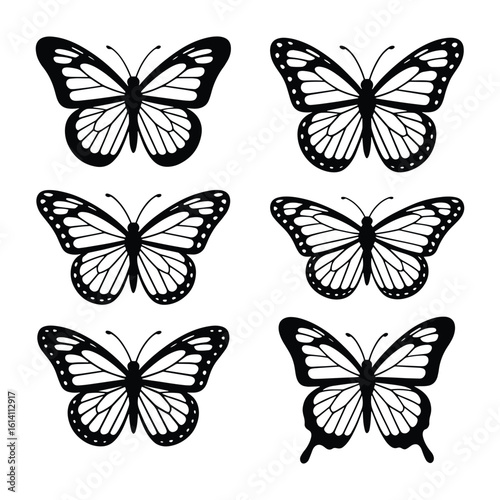 Collection of Six Black and White Butterfly Vector Illustrations for Design Elements