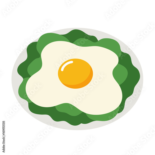 Vector illustration of egg with spinach on white background, breakfast and nutrition concept