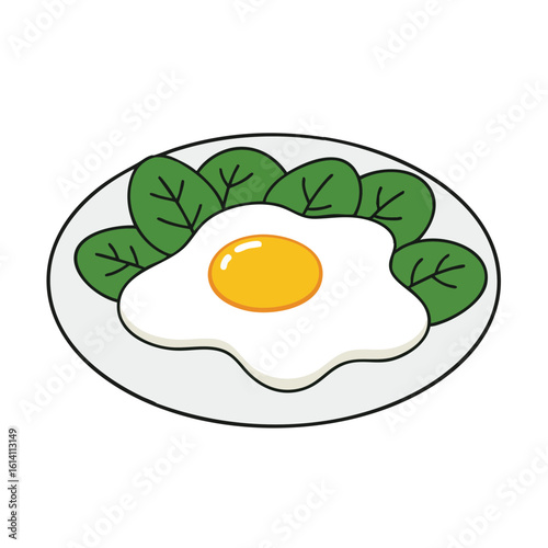 Vector illustration of egg with spinach on white background, breakfast and nutrition concept