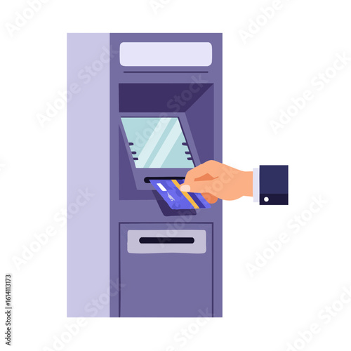 Vector illustration of hand inserting card into ATM on white background, banking and payment concept