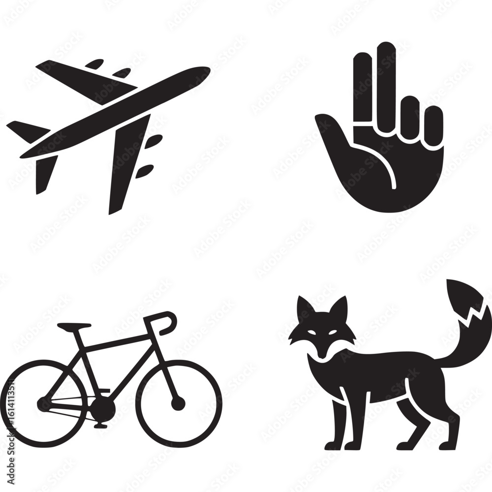 Fototapeta premium Black silhouettes of airplane hand bicycle and fox on a white background in a square format on transparent background
