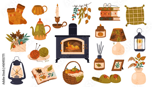 Autumn interior decoration elements. Vector icon for indoor house or home ornament, room furniture. Fall herbarium in vase and warm socks, slippers, candle and book pile, fireplace. Thanksgiving.
