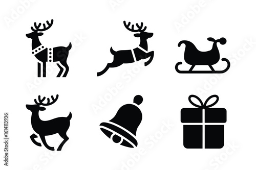 Festive reindeer sleigh bell and gift icons present