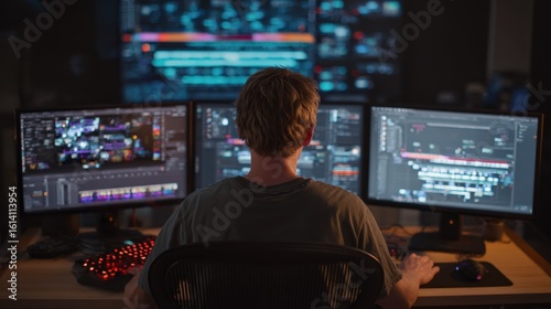 Wide shot of a creative workstation with multiple screens displaying animation timelines as an artist adjusts keyframes for smooth motion effects.