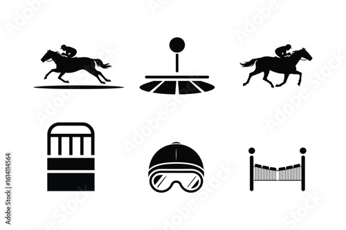 Horse racing jockey silhouette with equipment and track elements vector