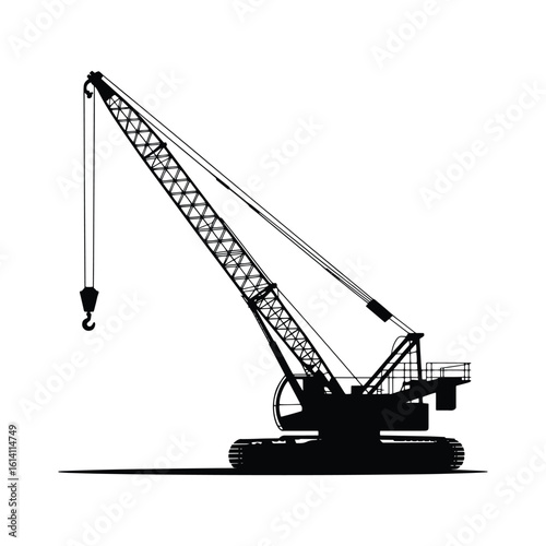 Silhouette of a Crawler Crane with Lattice Boom and Hook on White Background