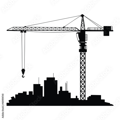 Silhouette of a construction crane over a city skyline in black and white