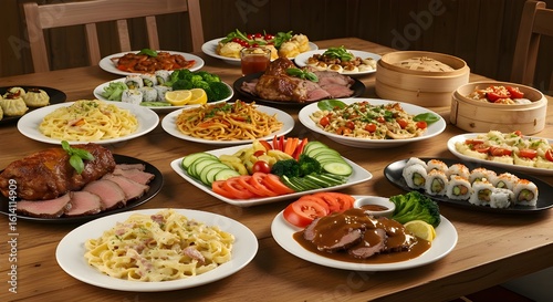 A table topped with lots of plates of food isolated on white background.