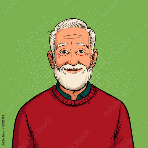 Cheerful elderly man in a red sweater smiling warmly against a bright green background