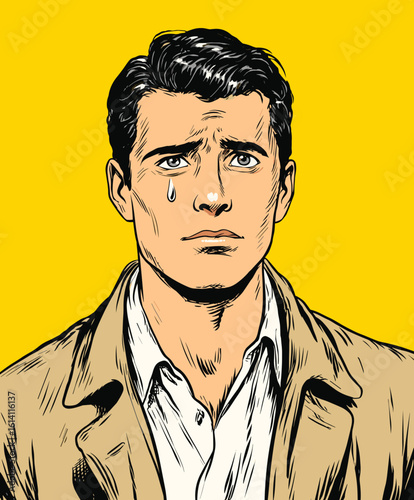 Sad man with a tear expressing emotional distress against a bright yellow background