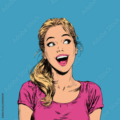 Woman with blonde hair and joyful expression against a solid blue background shares happiness and positivity in a vibrant setting