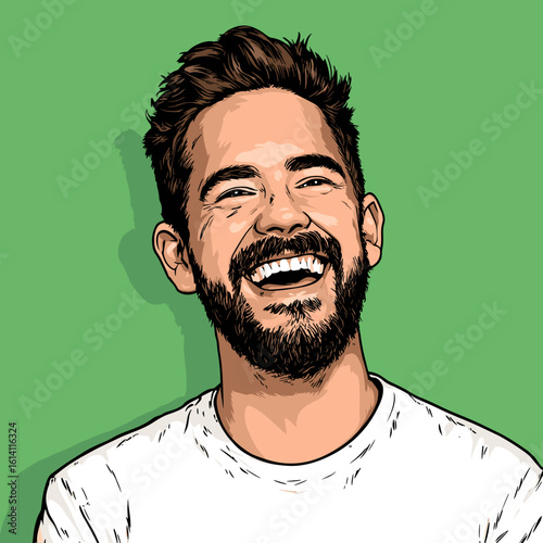 Smiling man with beard enjoys moment in front of green background at casual gathering