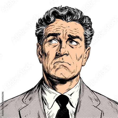 Man with serious expression wearing a suit looks up thoughtfully in a classic comic style illustration