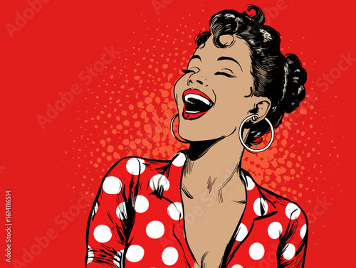 Woman smiling joyfully in polka dot dress against bright red background, showcasing vintage style and happiness