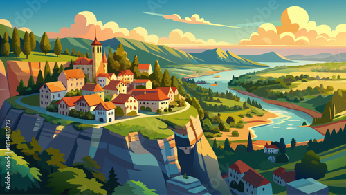 Scenic overlook of a river and village from rocky hilltop