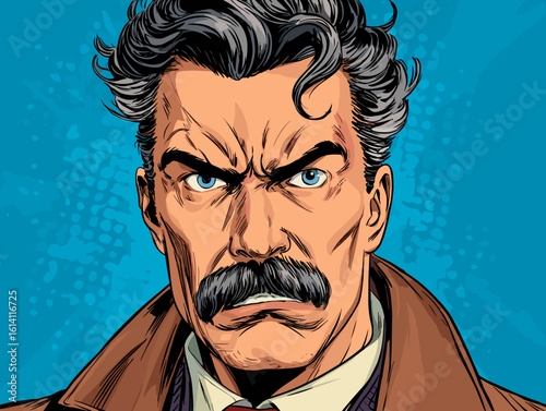 Bold comic character with intense gaze and elaborate mustache on vibrant blue background in action pose