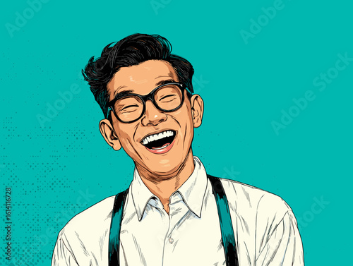 Joyful man smiling widely against a vibrant turquoise backdrop, capturing happiness and positivity in a casual setting