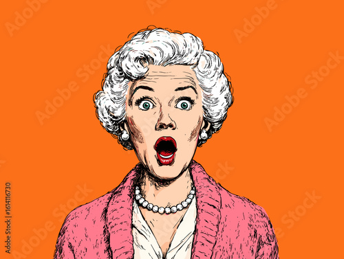 Surprised woman with curly white hair wearing pink cardigan on bright orange background