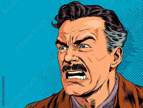 Character expressing intense emotions against a vibrant background with comic-style illustration elements