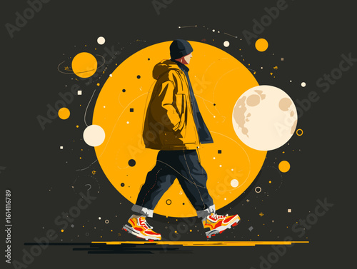 Young person walking in urban style with cosmic background during nighttime