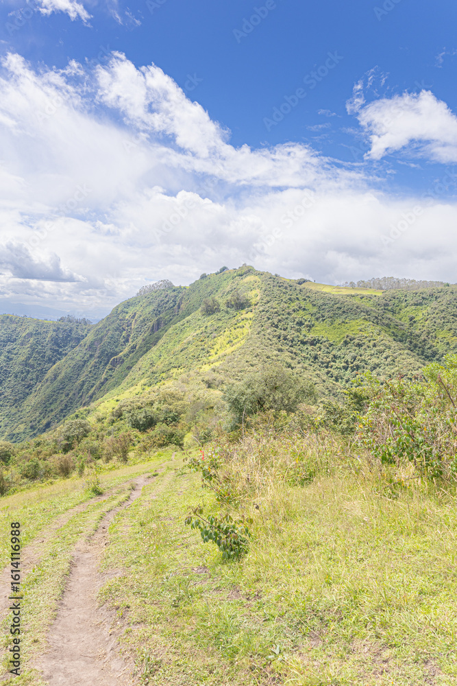 Fototapeta premium Valley of the Chillos, Ecuador - June 9, 2025: Summit of Ilalo Volcano or where the Ilalo milestone is located, seen from the Ilalo Cross.