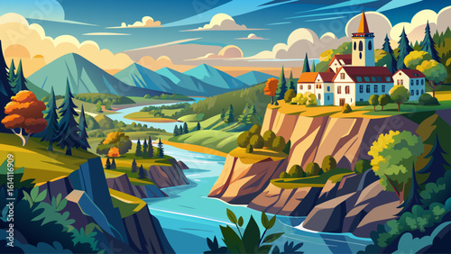 Scenic overlook of a river and village from rocky hilltop