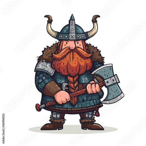 Viking warrior with axe ready for battle in colorful cartoon style