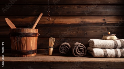 Sauna bench with ladle, bucket, towel, and whisk arranged for traditional spa use