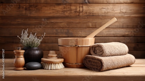 Sauna bench with ladle, bucket, towel, and whisk arranged for traditional spa use