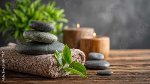 Spa setup featuring stacked stones and green leaves on a wooden table, close view