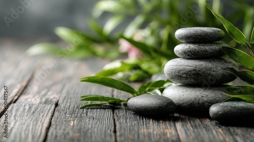 Spa setup featuring stacked stones and green leaves on a wooden table, close view