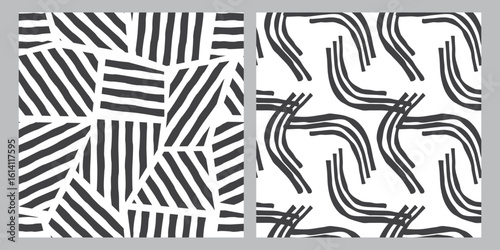 Black and white geometric seamless patterns set. Graphic print with rough stripes. Abstract backgrounds or textures for use in textile, wrapping paper, cover, endless wallpaper. Vector illustration.