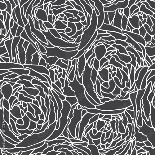 Blossom line art seamless pattern. Uneven white line on dark gray background. Abstract print on fabric and paper. Outlines endless wallpaper. Vector textures for use in backdrop. Graphic design.