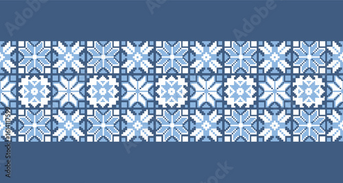 Ethnic endless border with pixel ornament. Geometric patchwork pattern in blue and white colors. Horizontal background for banner template. Print on fabric and paper. Vector design for textile.